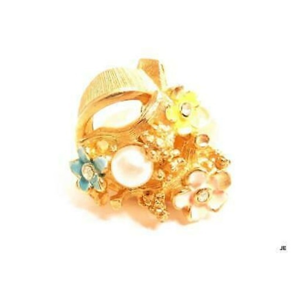 Vintage Pastel Enamel Flower Rhinestone Spring Floral Gold‎ Plated Cocktail Ring